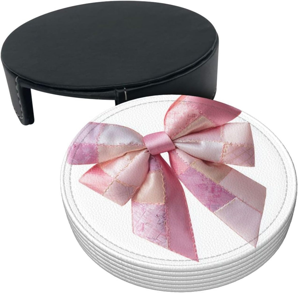 Light Pink Bow Balloon Patchwork Embroidery Premium Leather Coasters, Set of 6 with Holder, Stylish Beverage Coasters for Kitchen Coffee Bar