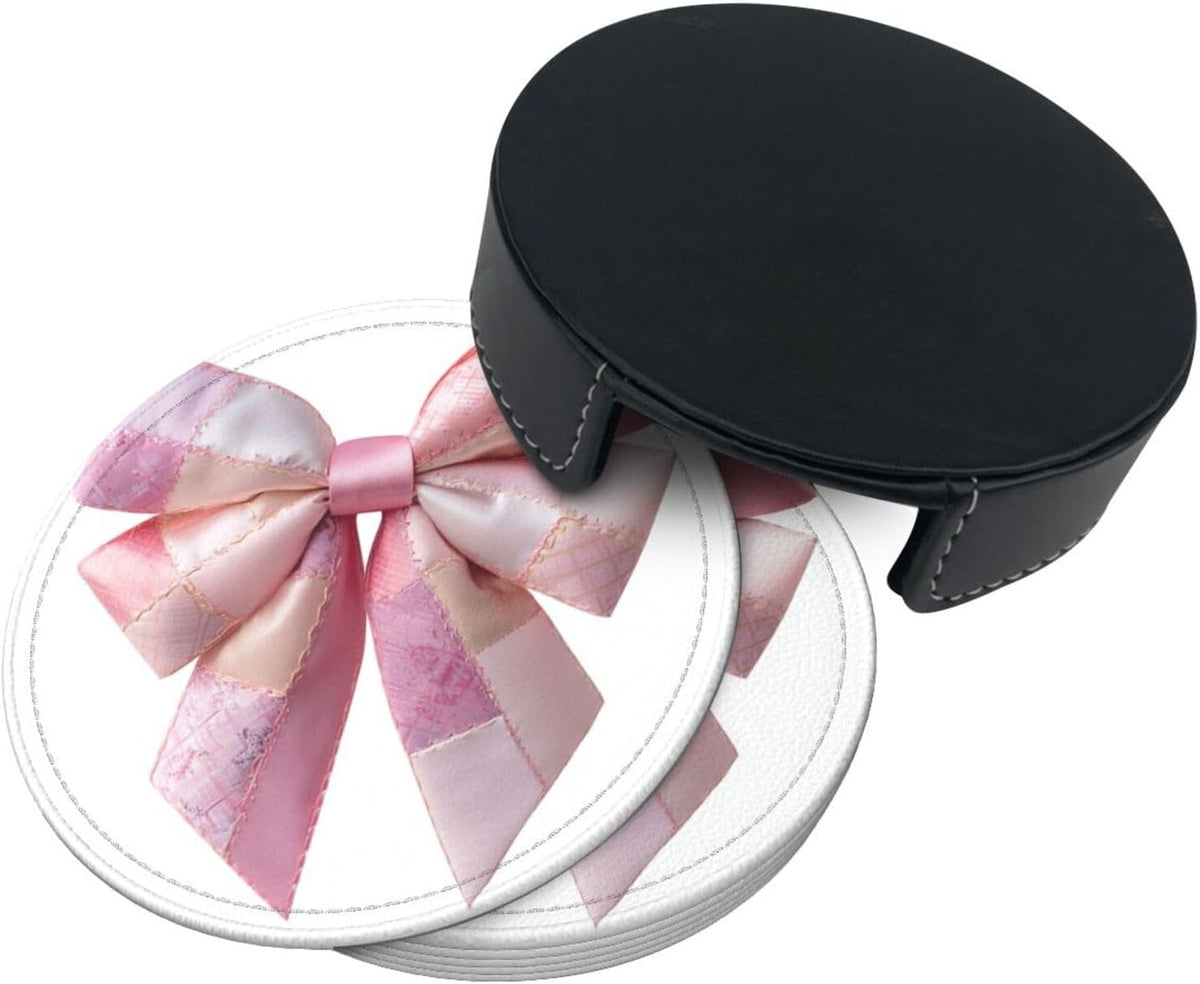 Light Pink Bow Balloon Patchwork Embroidery Premium Leather Coasters, Set of 6 with Holder, Stylish Beverage Coasters for Kitchen Coffee Bar