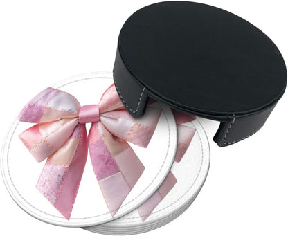 Light Pink Bow Balloon Patchwork Embroidery Premium Leather Coasters, Set of 6 with Holder, Stylish Beverage Coasters for Kitchen Coffee Bar