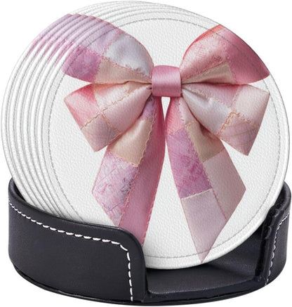 Light Pink Bow Balloon Patchwork Embroidery Premium Leather Coasters, Set of 6 with Holder, Stylish Beverage Coasters for Kitchen Coffee Bar