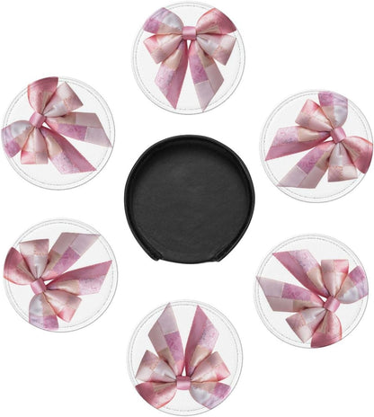 Light Pink Bow Balloon Patchwork Embroidery Premium Leather Coasters, Set of 6 with Holder, Stylish Beverage Coasters for Kitchen Coffee Bar