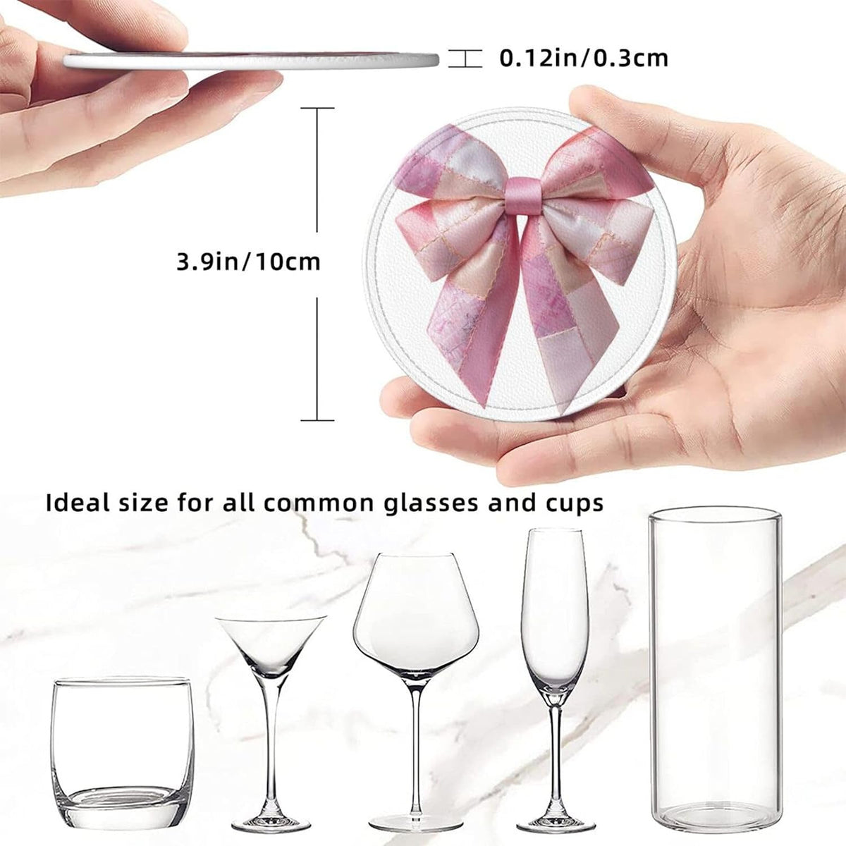 Light Pink Bow Balloon Patchwork Embroidery Premium Leather Coasters, Set of 6 with Holder, Stylish Beverage Coasters for Kitchen Coffee Bar