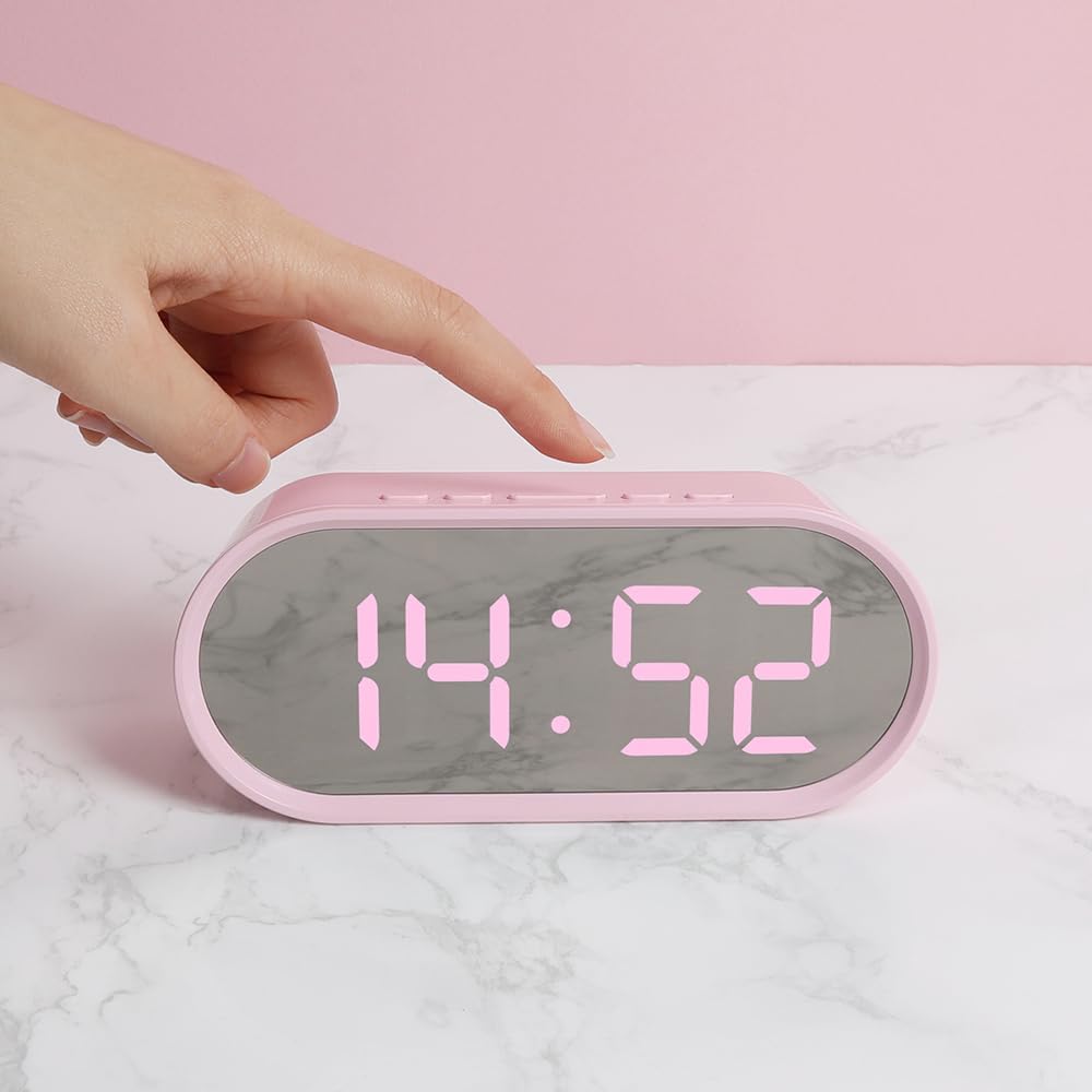 Pop Mirror Digital Alarm Clock, LED Desk Clock (Pink)