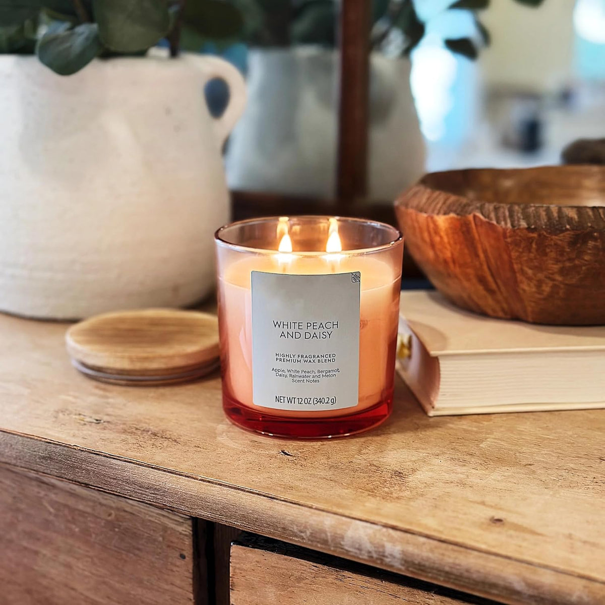 12oz White Peach & Daisy Scented 2-Wick Candle - Ombre Jar Home Fragrance Decor