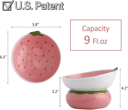 Ceramic Raised Cat Bowl, Pink, Strawberry Shaped