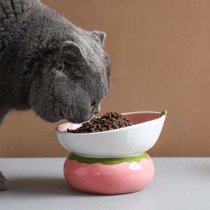 Ceramic Raised Cat Bowl, Pink, Strawberry Shaped