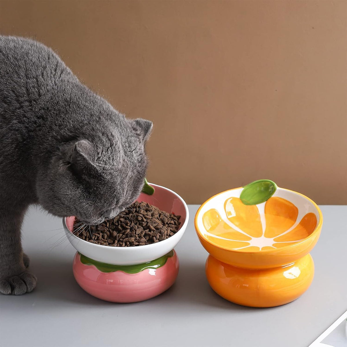 Ceramic Raised Cat Bowl, Pink, Strawberry Shaped