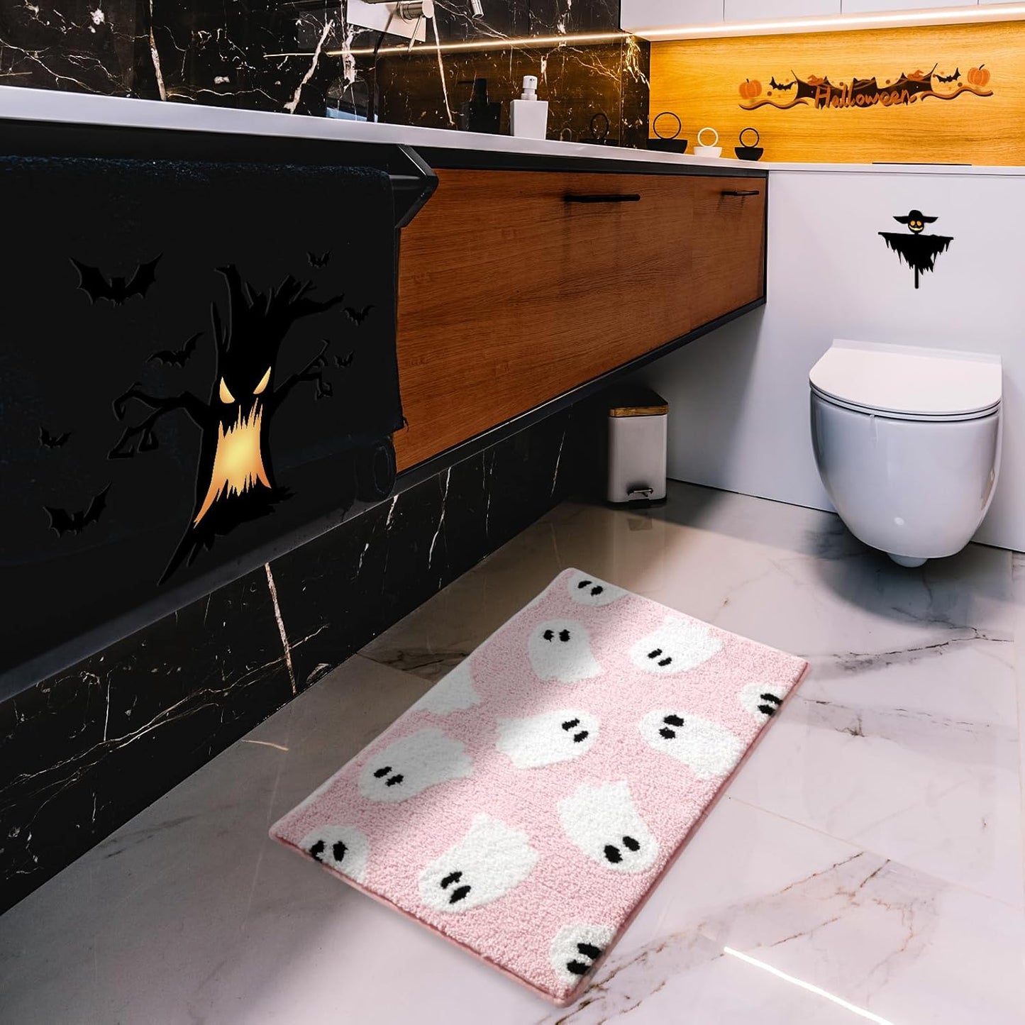Ghost Bathroom Rug 16x24 Inch Pink, Halloween Bathroom Decor Rug
