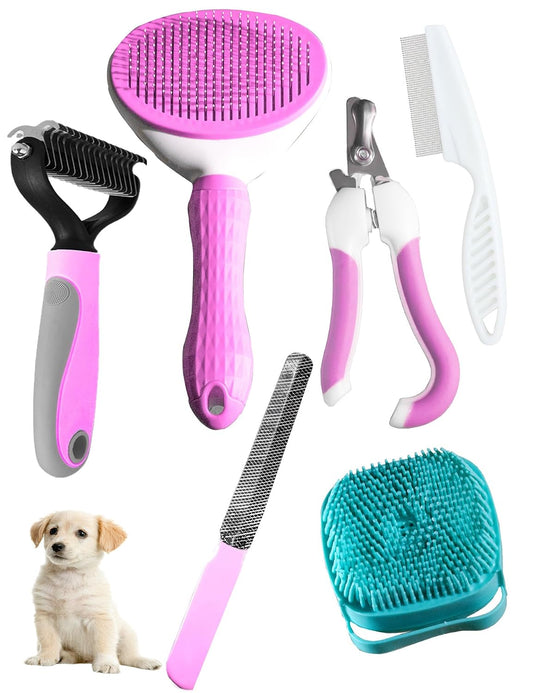 Dog Cat Grooming Kit, Brushes, Dematting Rake and Comb, Nail Clipper, Nail File, Flea Comb (Pink 6 Kits)