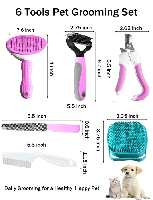 Dog Cat Grooming Kit, Brushes, Dematting Rake and Comb, Nail Clipper, Nail File, Flea Comb (Pink 6 Kits)