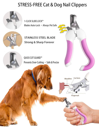 Dog Cat Grooming Kit, Brushes, Dematting Rake and Comb, Nail Clipper, Nail File, Flea Comb (Pink 6 Kits)