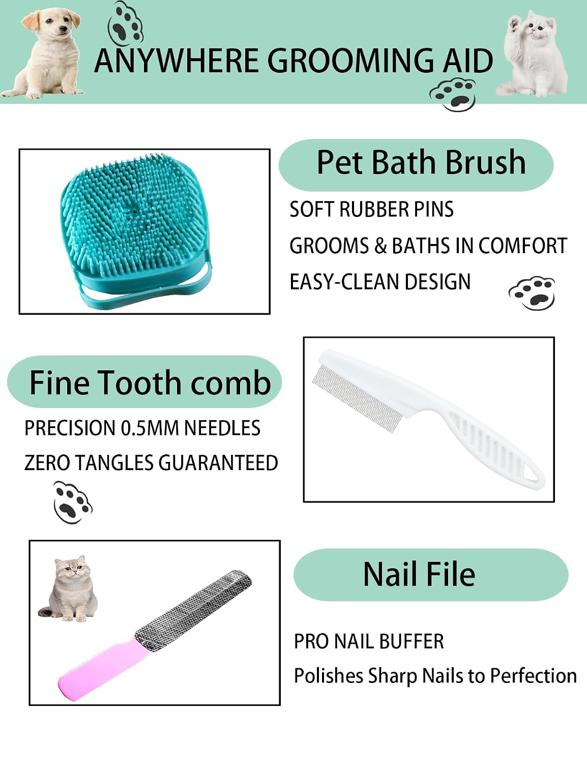 Dog Cat Grooming Kit, Brushes, Dematting Rake and Comb, Nail Clipper, Nail File, Flea Comb (Pink 6 Kits)