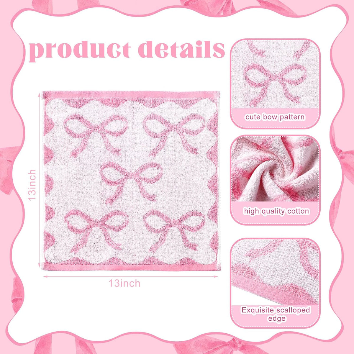 6 Pcs Pink Bow Washcloths 100% Cotton Bow Towels 13 x 13