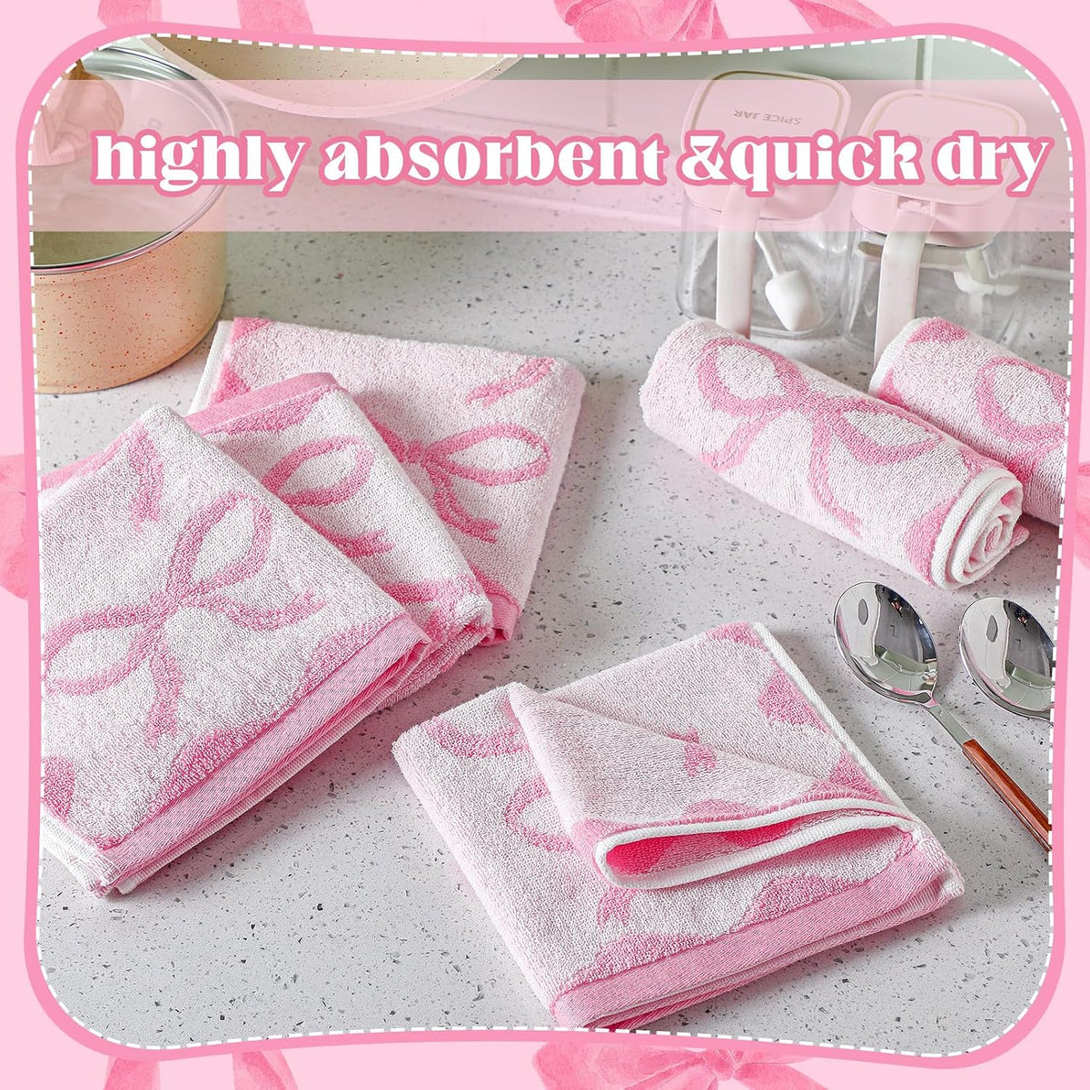 6 Pcs Pink Bow Washcloths 100% Cotton Bow Towels 13 x 13