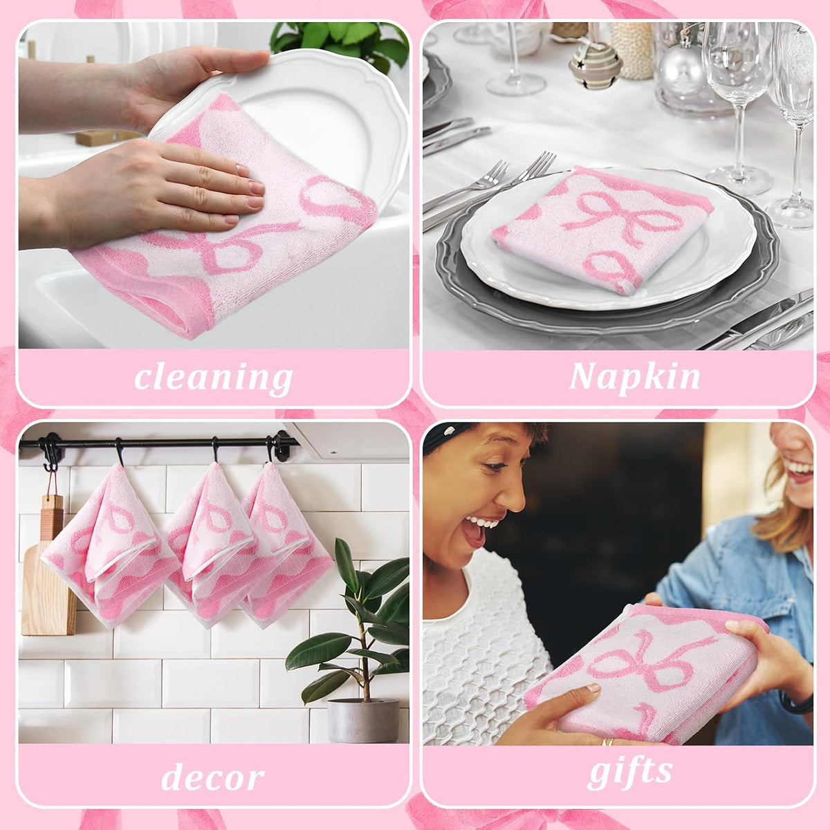 6 Pcs Pink Bow Washcloths 100% Cotton Bow Towels 13 x 13