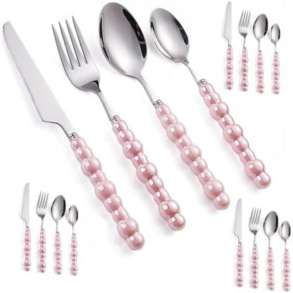 Pearl Ceramic Handle Kitchen Stainless Steel Silverware Tableware Flatware Cutlery Set Creative Hotel Home Steak Knife Dessert Spoon (Pink,16 pieces)