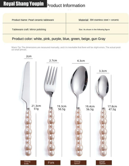 Pearl Ceramic Handle Kitchen Stainless Steel Silverware Tableware Flatware Cutlery Set Creative Hotel Home Steak Knife Dessert Spoon (Pink,16 pieces)