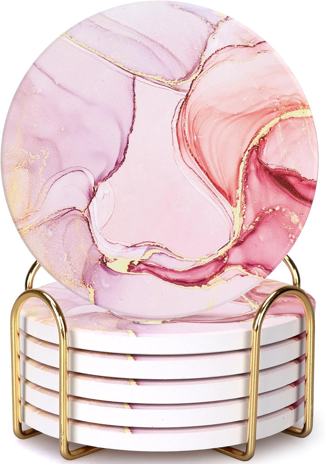6 Pcs Pink Marble Abstract Ceramic Coasters with Holder for Coffee Table