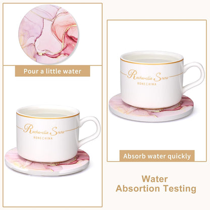 6 Pcs Pink Marble Abstract Ceramic Coasters with Holder for Coffee Table
