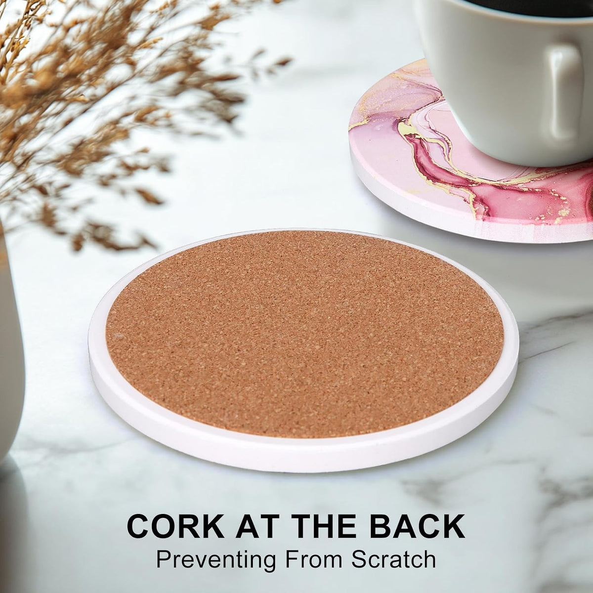 6 Pcs Pink Marble Abstract Ceramic Coasters with Holder for Coffee Table