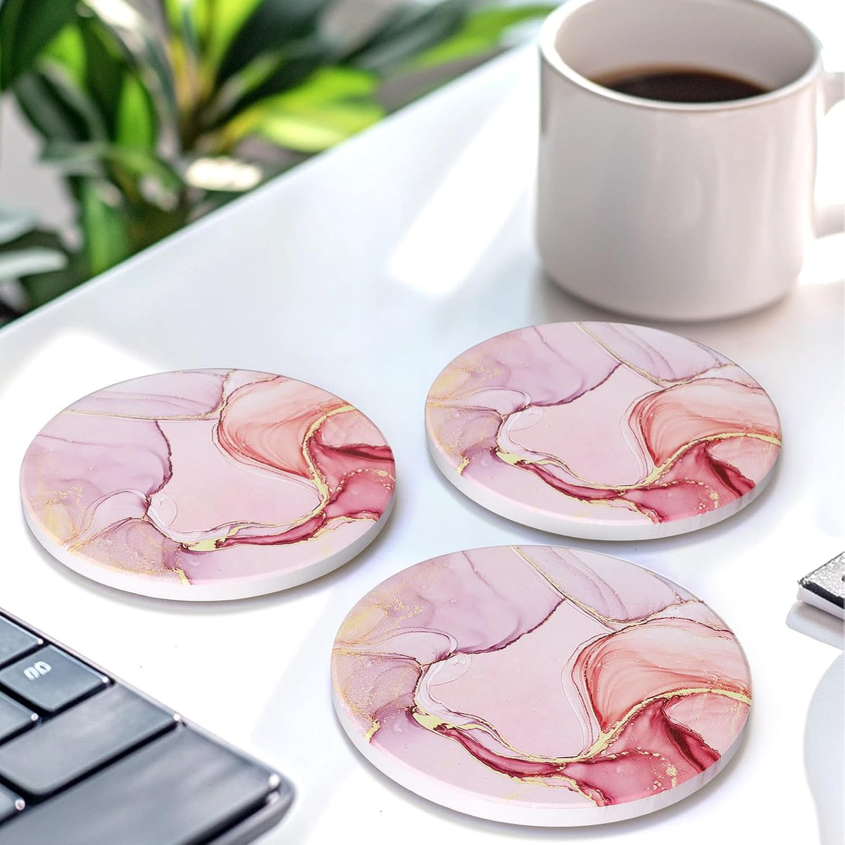 6 Pcs Pink Marble Abstract Ceramic Coasters with Holder for Coffee Table
