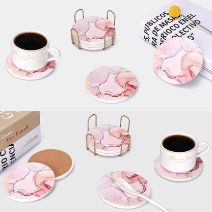 6 Pcs Pink Marble Abstract Ceramic Coasters with Holder for Coffee Table