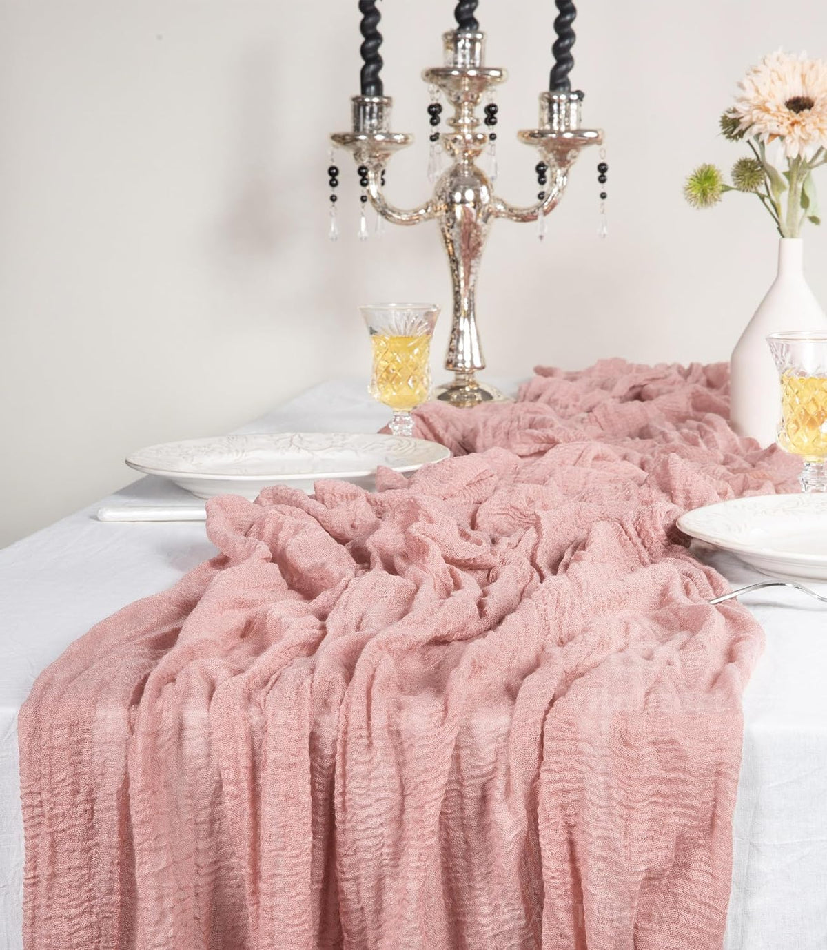 2 Pack Cheesecloth Table Runner 10ft Each – Boho Rustic Gauze Table Runners for Wedding, Bridal Shower, Fall Thanksgiving Decor, Peach Coral Pink 120 Inches Long