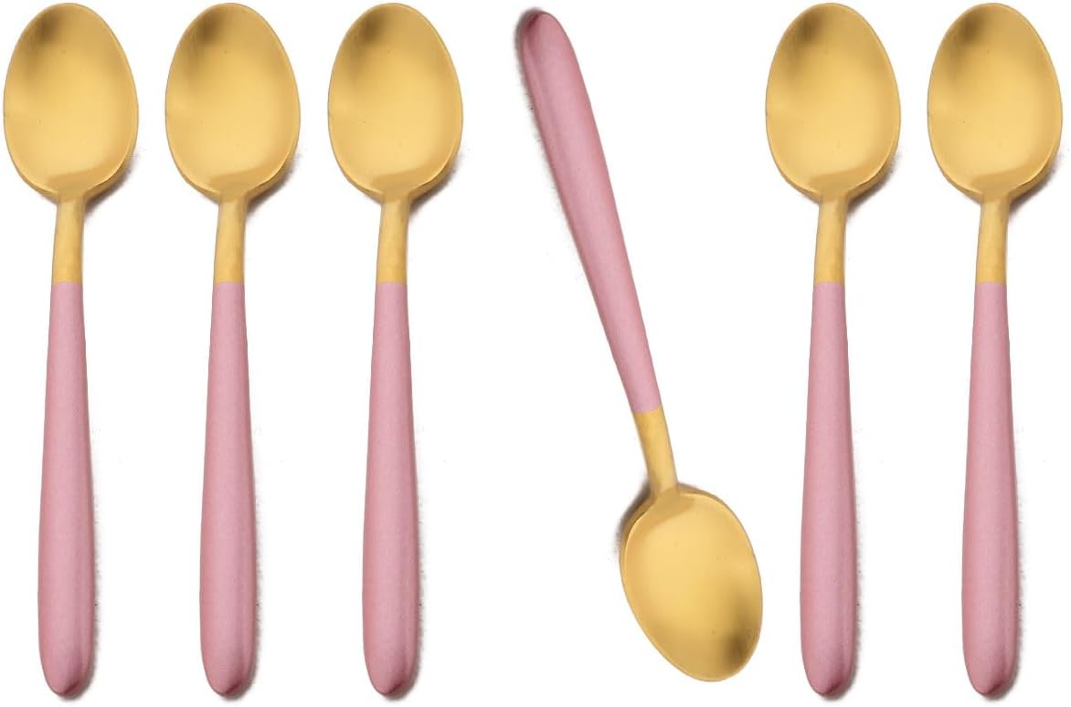 Pink Gold Teaspoon Coffee Set of 6 Heavy Duty 304 Stainless Steel Flatware Daily Use Tableware Matte Eating Utensils Round Handle Dishwasher Safe