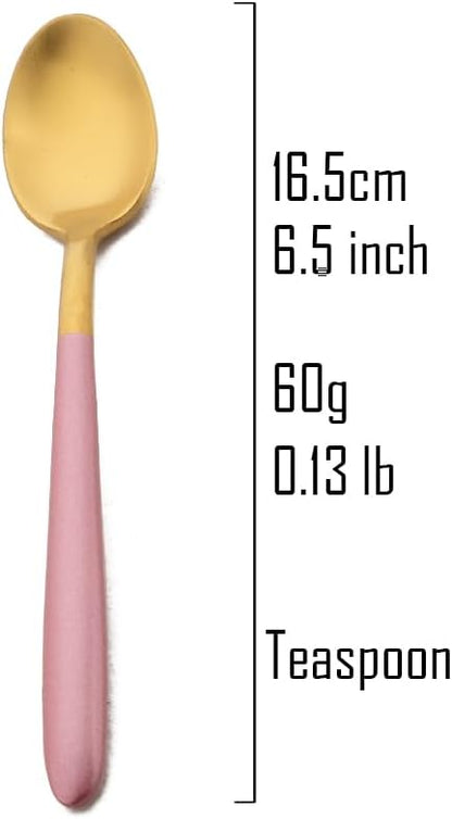 Pink Gold Teaspoon Coffee Set of 6 Heavy Duty 304 Stainless Steel Flatware Daily Use Tableware Matte Eating Utensils Round Handle Dishwasher Safe