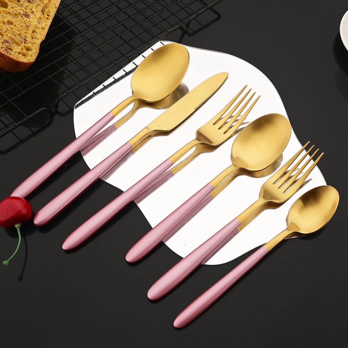 Pink Gold Teaspoon Coffee Set of 6 Heavy Duty 304 Stainless Steel Flatware Daily Use Tableware Matte Eating Utensils Round Handle Dishwasher Safe