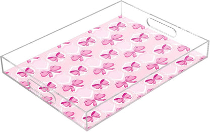 Light Pink Bows Serving Tray with Handles, 12x16 Inch Decorative Acrylic Tray Organizer, Multi-Purpose Sturdy Serving Platter for Coffee Table, Kitchen, Vanity, Nightstand
