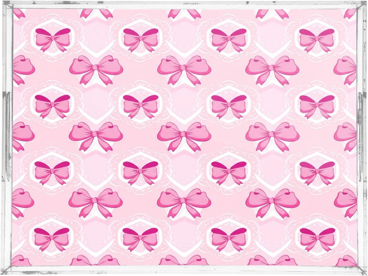Light Pink Bows Serving Tray with Handles, 12x16 Inch Decorative Acrylic Tray Organizer, Multi-Purpose Sturdy Serving Platter for Coffee Table, Kitchen, Vanity, Nightstand