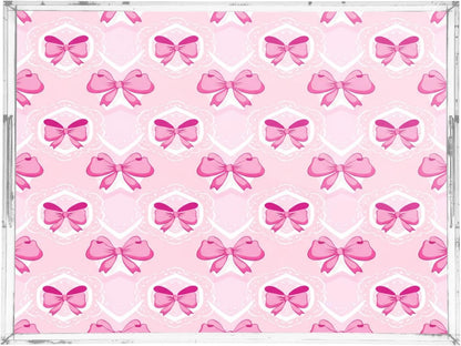 Light Pink Bows Serving Tray with Handles, 12x16 Inch Decorative Acrylic Tray Organizer, Multi-Purpose Sturdy Serving Platter for Coffee Table, Kitchen, Vanity, Nightstand