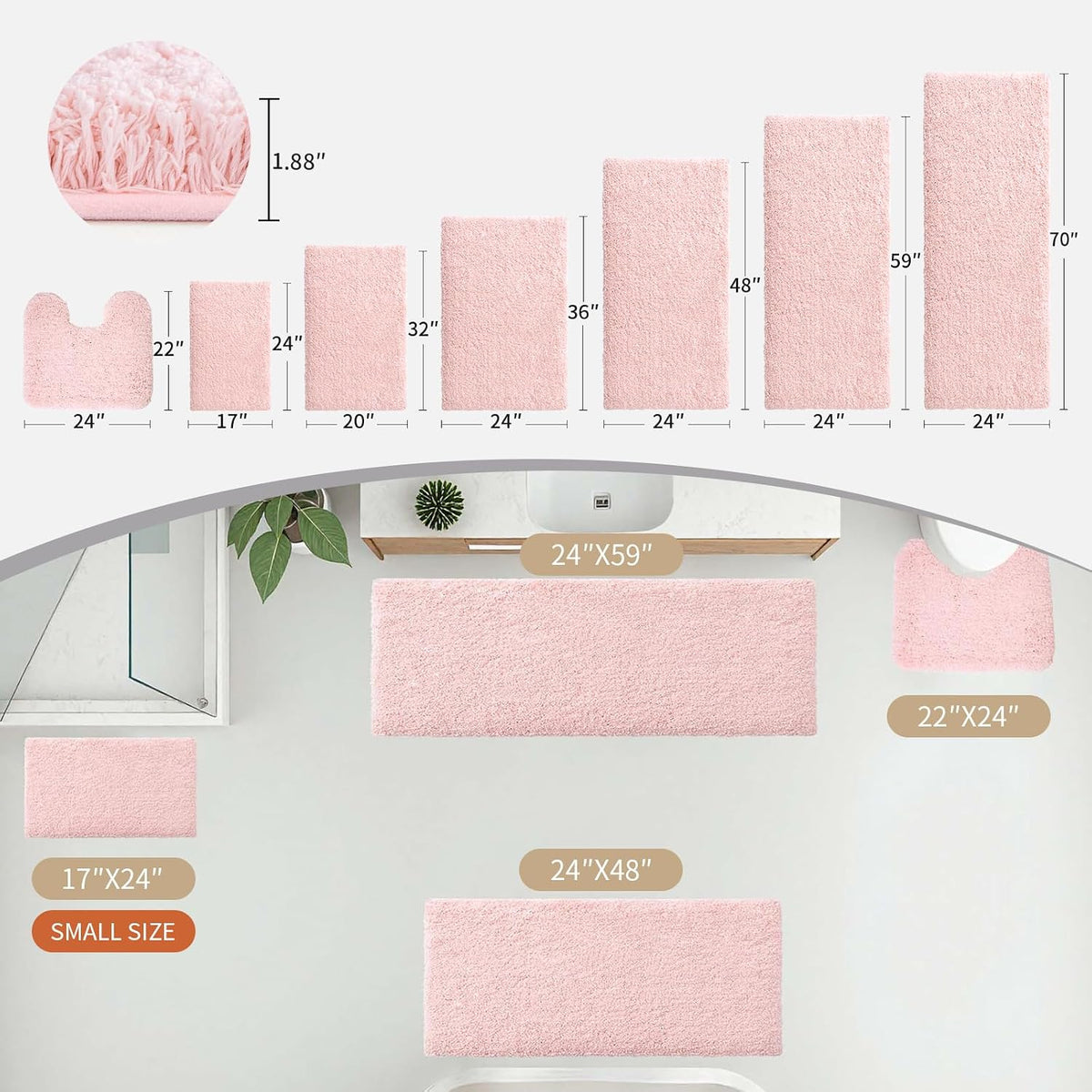 Pink Bathroom Rugs 24x36, Non-Slip Plush Thick Bath Mat