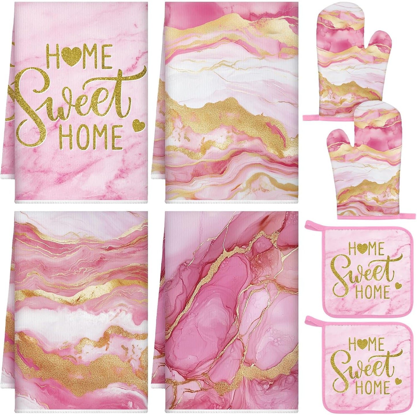 Pink and Gold Marble 8 Pcs Kitchen Towels and Dishcloths Sets Oven Mitts and Pot Holders Absorbent Kitchen Gloves Potholders Heat Resistant for Chef Baking Cooking