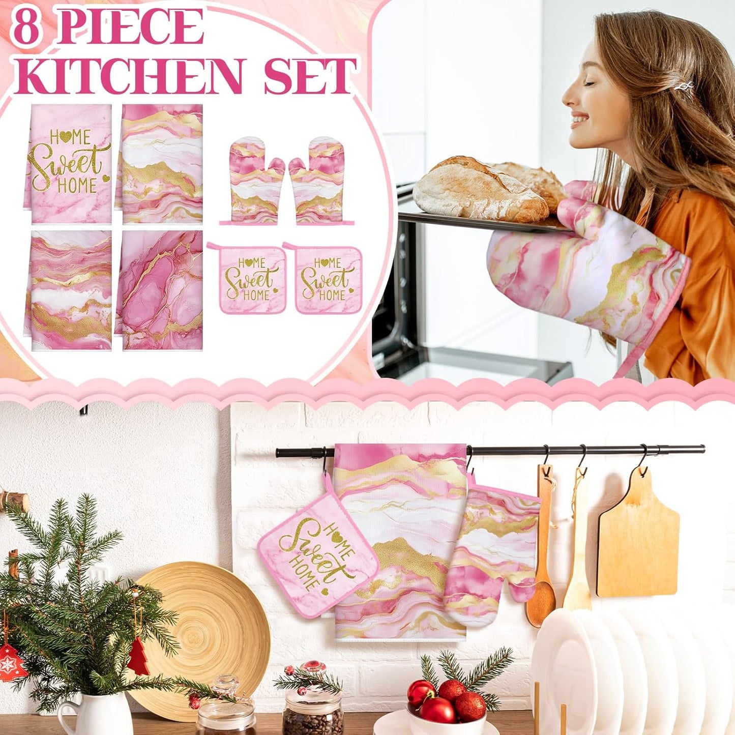 Pink and Gold Marble 8 Pcs Kitchen Towels and Dishcloths Sets Oven Mitts and Pot Holders Absorbent Kitchen Gloves Potholders Heat Resistant for Chef Baking Cooking