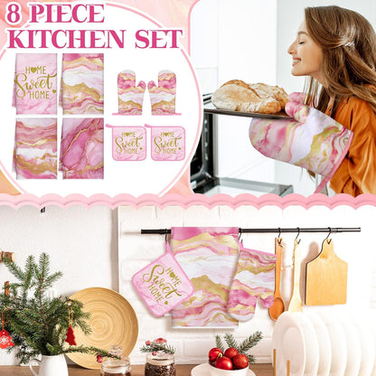 Pink and Gold Marble 8 Pcs Kitchen Towels and Dishcloths Sets Oven Mitts and Pot Holders Absorbent Kitchen Gloves Potholders Heat Resistant for Chef Baking Cooking