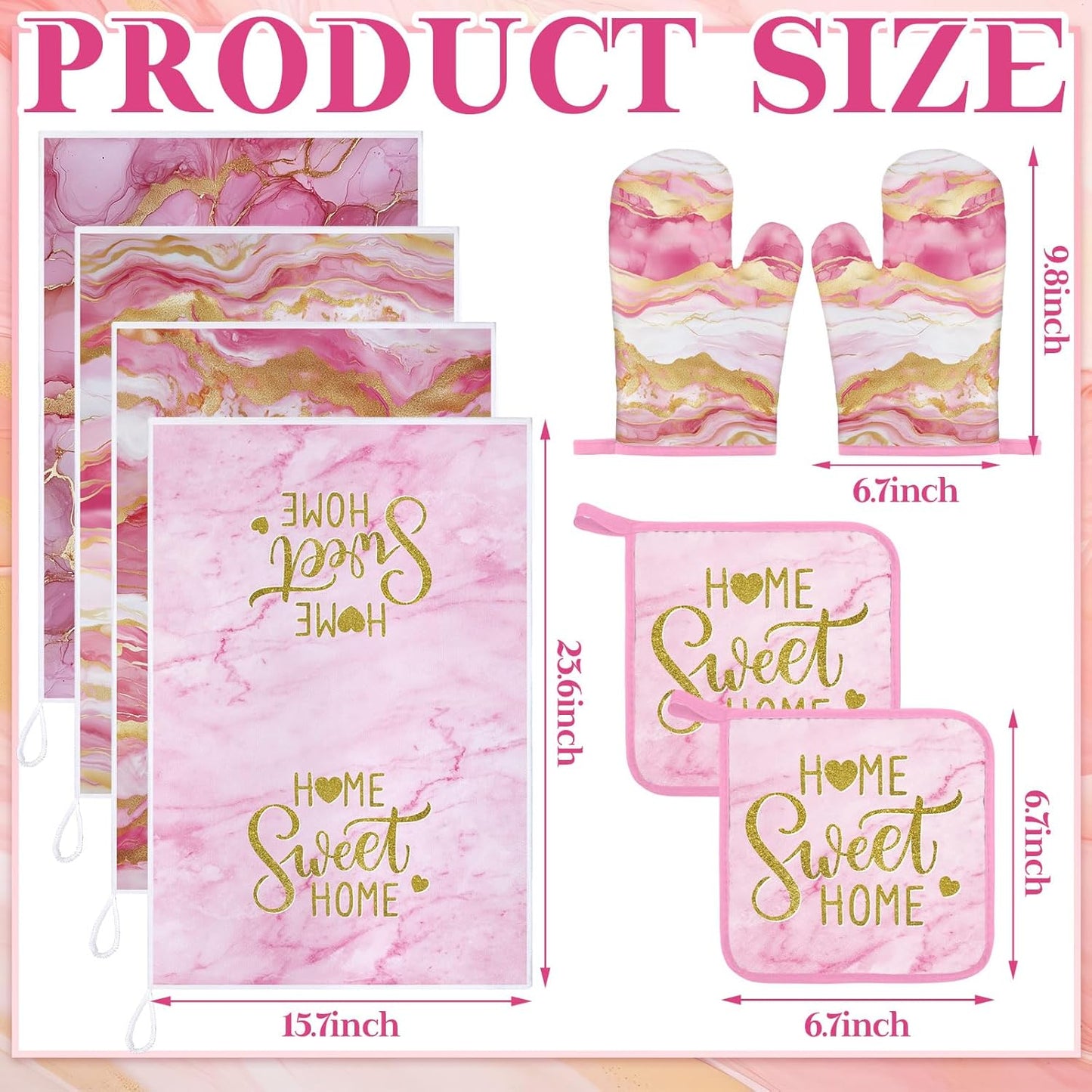Pink and Gold Marble 8 Pcs Kitchen Towels and Dishcloths Sets Oven Mitts and Pot Holders Absorbent Kitchen Gloves Potholders Heat Resistant for Chef Baking Cooking