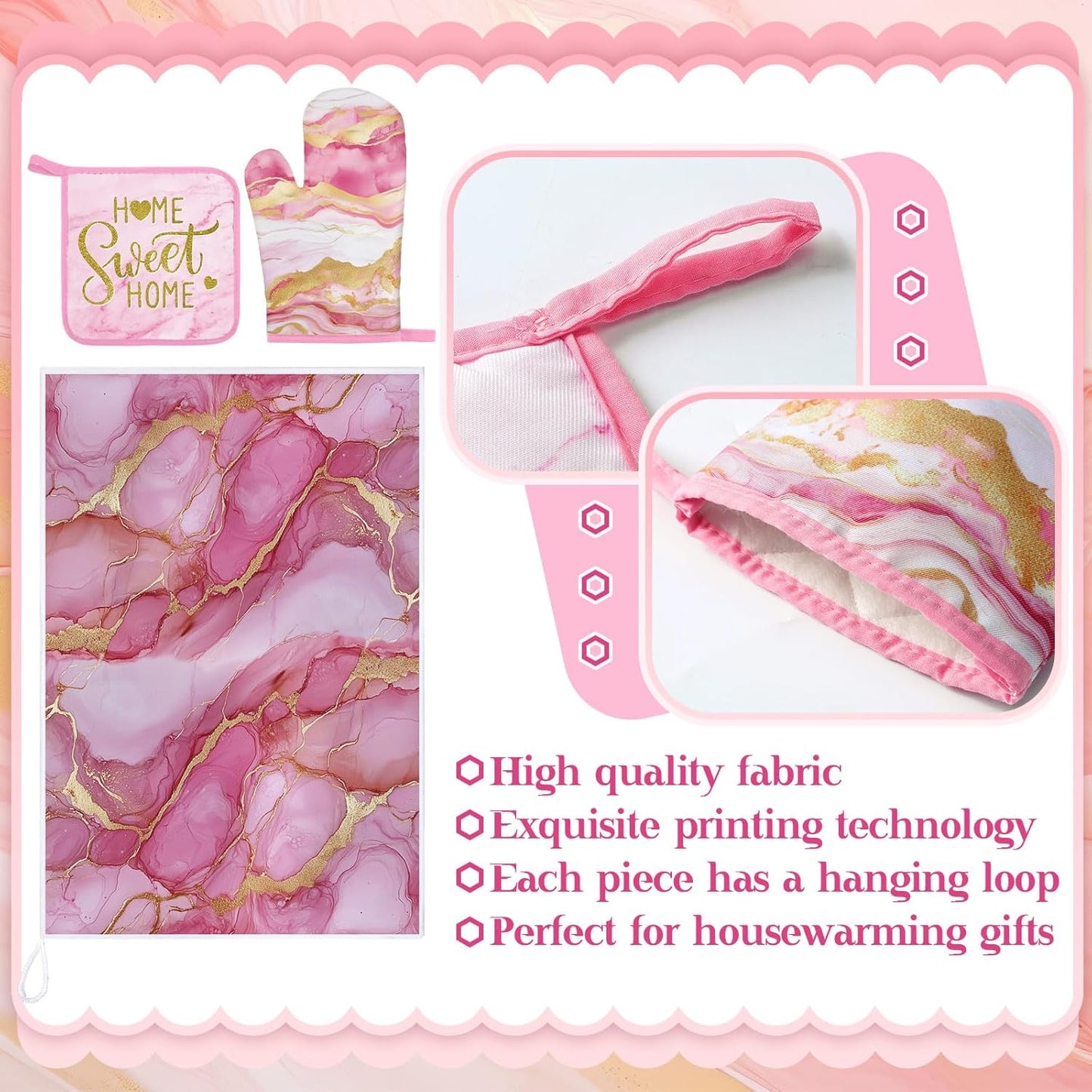 Pink and Gold Marble 8 Pcs Kitchen Towels and Dishcloths Sets Oven Mitts and Pot Holders Absorbent Kitchen Gloves Potholders Heat Resistant for Chef Baking Cooking