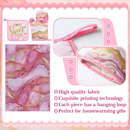 Pink and Gold Marble 8 Pcs Kitchen Towels and Dishcloths Sets Oven Mitts and Pot Holders Absorbent Kitchen Gloves Potholders Heat Resistant for Chef Baking Cooking