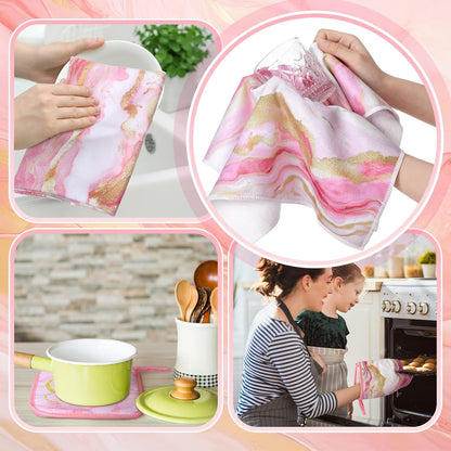 Pink and Gold Marble 8 Pcs Kitchen Towels and Dishcloths Sets Oven Mitts and Pot Holders Absorbent Kitchen Gloves Potholders Heat Resistant for Chef Baking Cooking