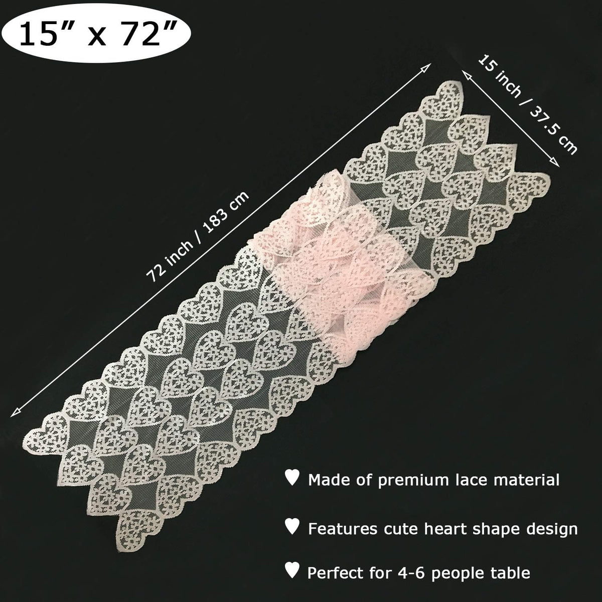 Valentines Day Table Runner - Light Pink Lace Table Runners for Weddings, Valentines Day Table Decorations - Romantic Love Heart Table Runner for Home Dining Table - 12 x 72 Inch