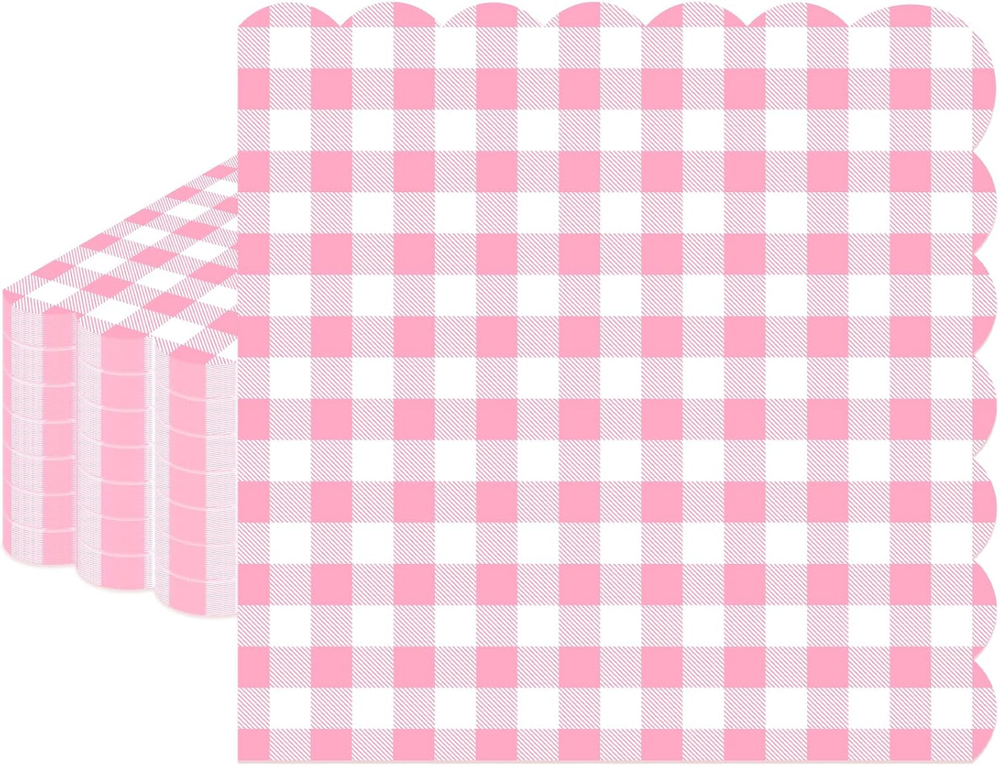100 Pcs Pink Gingham Napkins Disposable, 6.5 Inch Pink and White Paper Napkins Scalloped Checkered Napkin for Girls Women Wedding Birthday Baby Shower Picnic Party Supplies