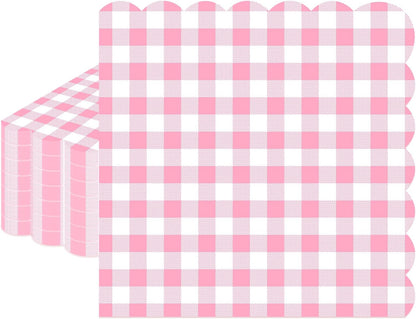 100 Pcs Pink Gingham Napkins Disposable, 6.5 Inch Pink and White Paper Napkins Scalloped Checkered Napkin for Girls Women Wedding Birthday Baby Shower Picnic Party Supplies