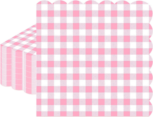 100 Pcs Pink Gingham Napkins Disposable, 6.5 Inch Pink and White Paper Napkins Scalloped Checkered Napkin for Girls Women Wedding Birthday Baby Shower Picnic Party Supplies