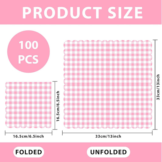 100 Pcs Pink Gingham Napkins Disposable, 6.5 Inch Pink and White Paper Napkins Scalloped Checkered Napkin for Girls Women Wedding Birthday Baby Shower Picnic Party Supplies