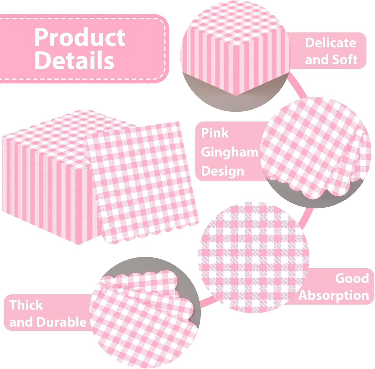 100 Pcs Pink Gingham Napkins Disposable, 6.5 Inch Pink and White Paper Napkins Scalloped Checkered Napkin for Girls Women Wedding Birthday Baby Shower Picnic Party Supplies
