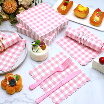 100 Pcs Pink Gingham Napkins Disposable, 6.5 Inch Pink and White Paper Napkins Scalloped Checkered Napkin for Girls Women Wedding Birthday Baby Shower Picnic Party Supplies