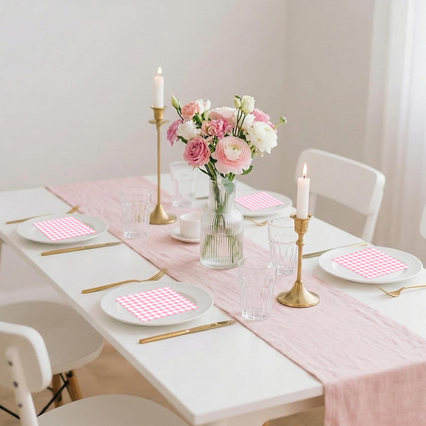 100 Pcs Pink Gingham Napkins Disposable, 6.5 Inch Pink and White Paper Napkins Scalloped Checkered Napkin for Girls Women Wedding Birthday Baby Shower Picnic Party Supplies