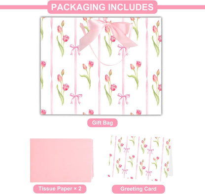 ASYEHNR 13" Large Size Pink Floral Gift Bag Tulip and Bows Pattern Gift Bag with Greeting Card Tissue Paper for Girls Women Birthday Baby Shower Wedding Mother's Day Valentine's Day Supplies